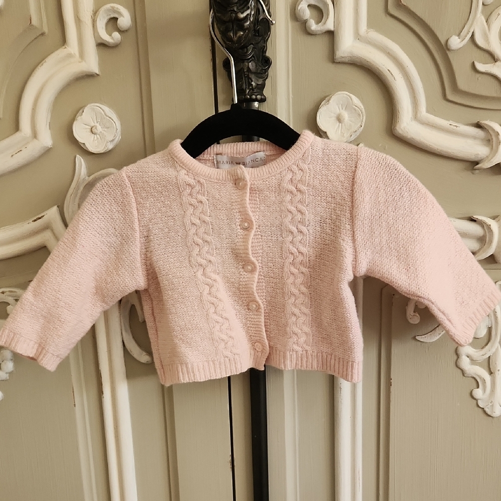 Maria Bianca Baby Girl Pink Cable Knit Cardigan Wool Cashmere Blend Sz 3-6 Mths